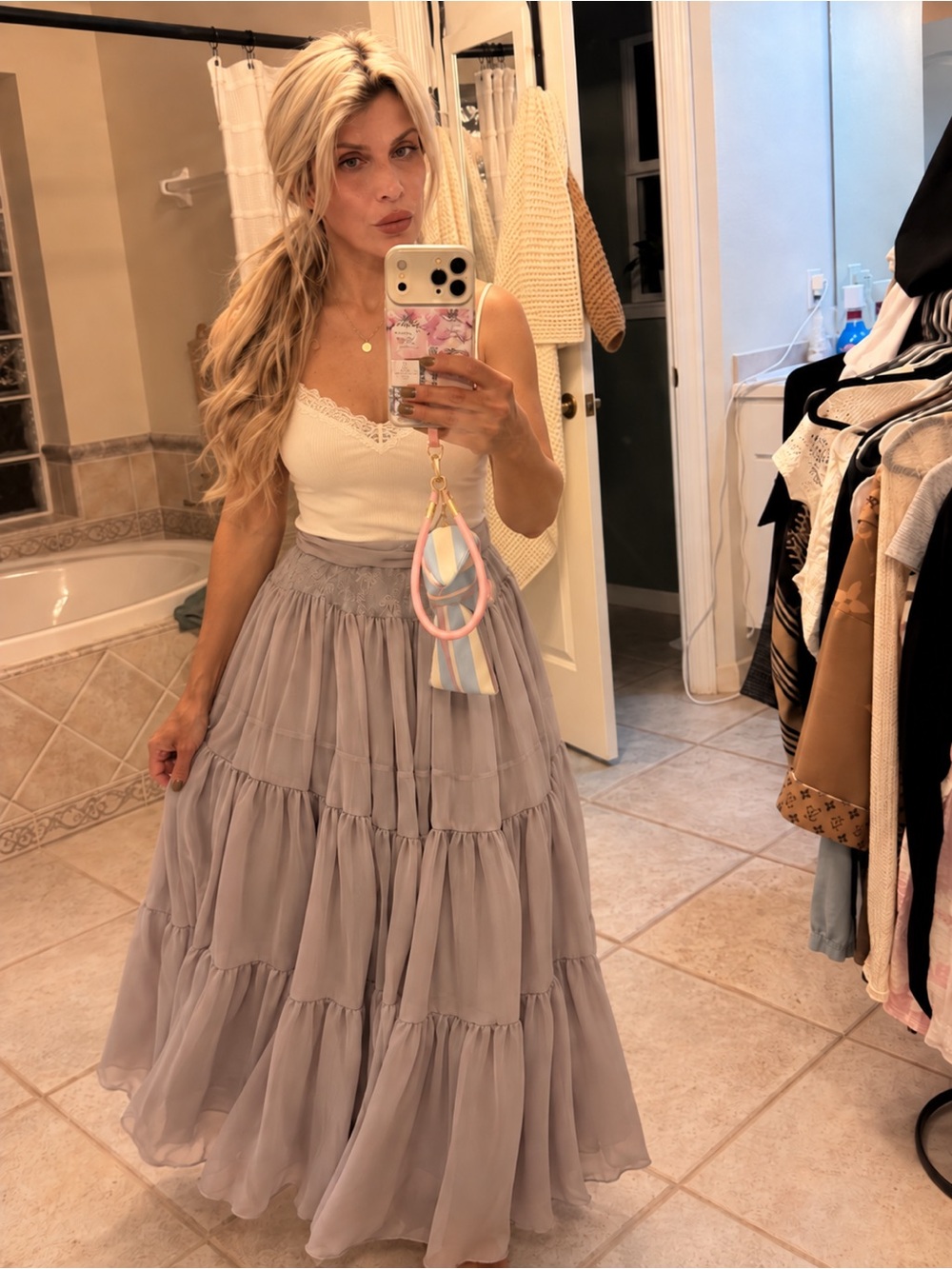 Women's Tiered Maxi Skirt - Light Grayish greenish